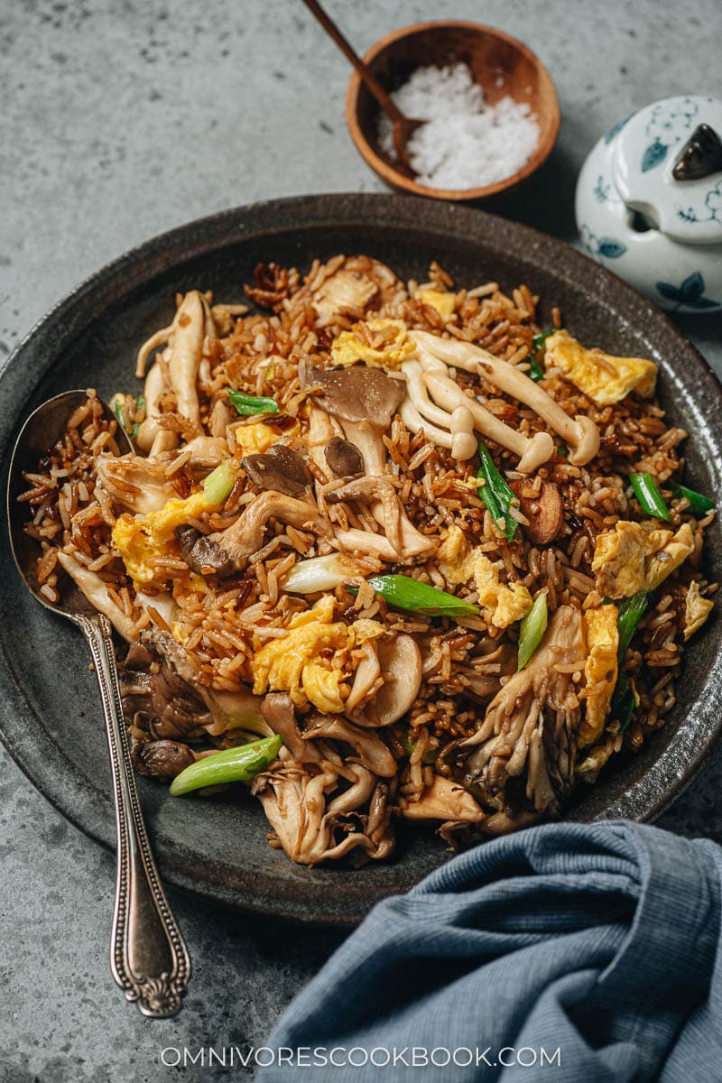 Mushroom fried rice in a plate close up