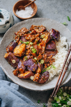 Yu xiang eggplant served over rice