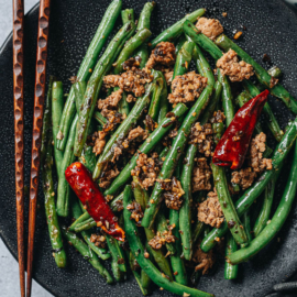 Sichuan dry fried green beans in a plate