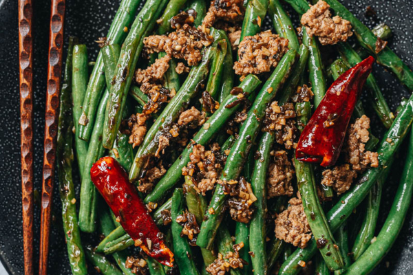 Sichuan dry fried green beans in a plate