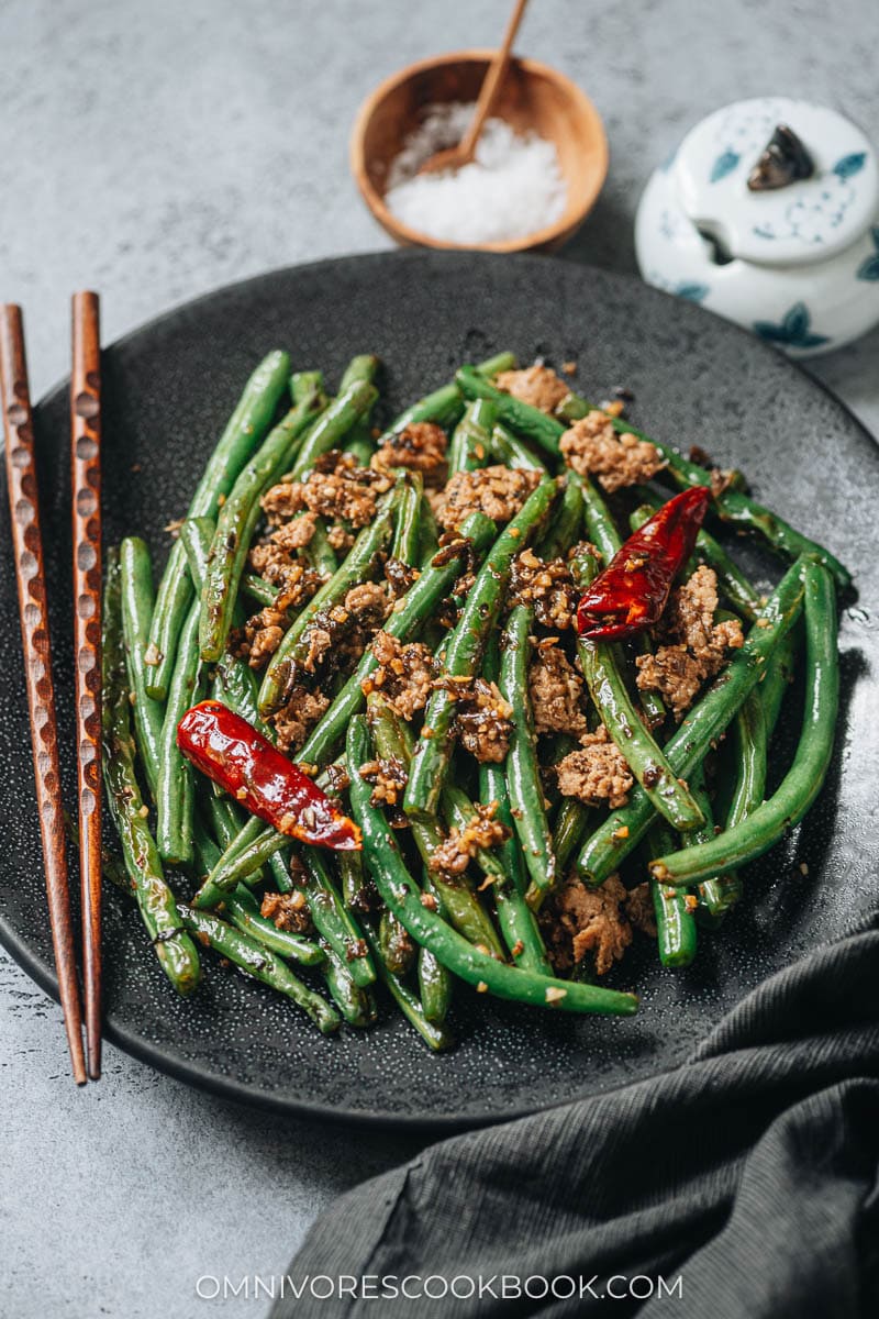 Homemade dry fried green beans in a plate