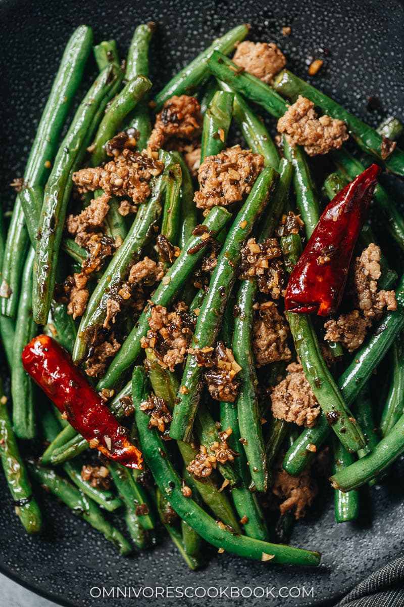 Sichuan dry fried green beans close up