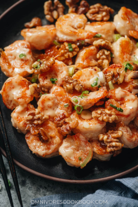 Takeout style walnut shrimp close up