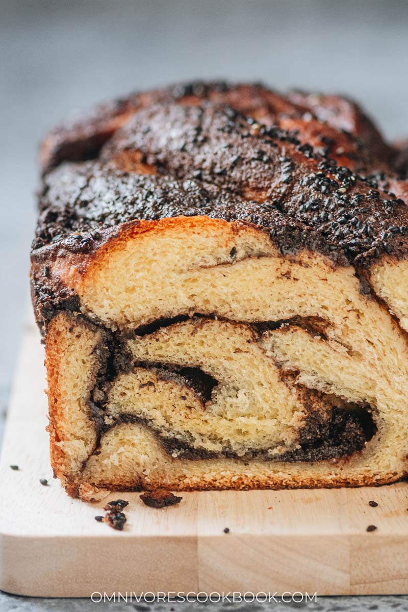 Babka filled with black sesame dark chocolate filling