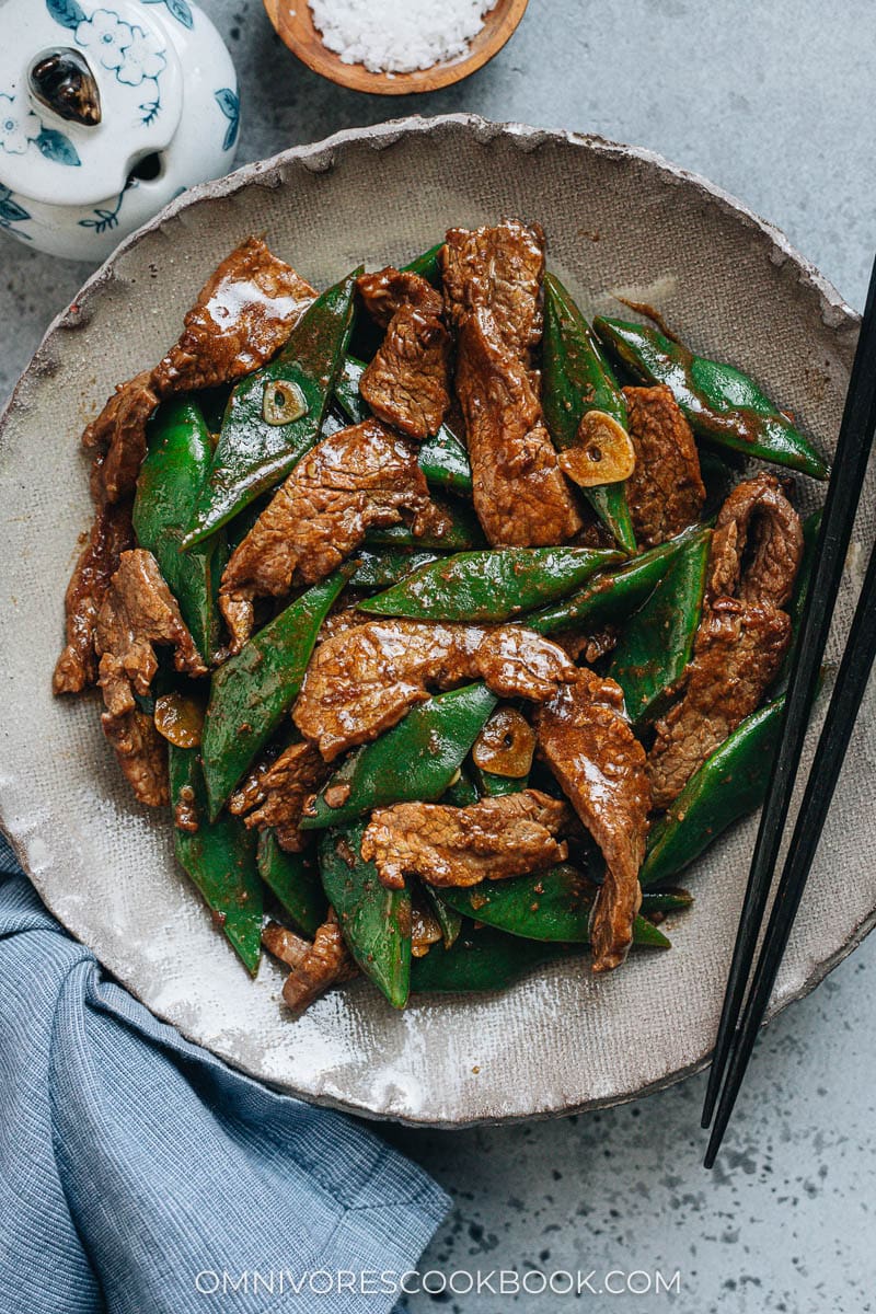 Beef and flat bean stir fry served in a bowl